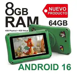 Falabella Tablet para Niños PLAY 7 Pulgadas 8GB RAM (4GB+4GB) 64GB WiFi con Estuche Protector VERDE oferta