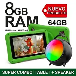 Falabella Tablet para Niños 7 Pulgadas 8GB RAM (4GB+4GB) 64GB WiFi Estuche Protector + Parlante BT VERDE oferta