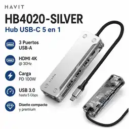 Falabella Adaptador 5 en 1 USB 3/ HDTV Tipo - C 5Gbps HUB 2 USB 2.0 De 480MBPS, Plateado oferta