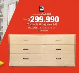 Metro M+ design - cómoda 6 cajones hill natural oferta