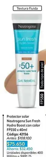 Nova Venta Neutrogena - protector solar sun fresh hydro boost con color fps50 x 40ml oferta
