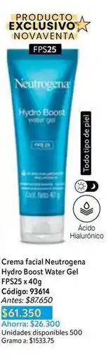 Nova Venta Neutrogena - crema facial hydro boost water gel fps25 x 40g código: 93614 oferta
