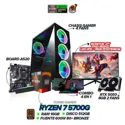 Falabella Torre Gamer Chasis Gamer Ryzen 7 5700G 16GB RAM SSD 512GB A520 + MONITOR 27 + COMBO 4 EN 1 oferta