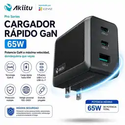 Falabella Cargador Rápido Akiitu BY Pro GaN 65W AK-PAG65PN-R100-GYTTA con 2 USB-C y 1 USB-A oferta