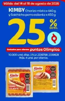 Olímpica Kimby chorizo mixto y salchicha perro caliente oferta