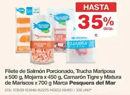 Makro Pesquera del Mar filete de salmón porcionado, trucha mariposa, mojarra, camarón tigre y mixtura de mariscos oferta