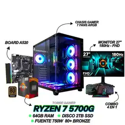 Falabella TORRE GAMER RYZEN 7 5700G / 64GB RAM / 2TB SSD / 7 FANS / 750W / MONITOR 27 180Hz + COMBO GAMER oferta