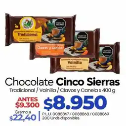 Supermercados Surtiplaza Chocolate Cinco Sierras Tradicional / Vainilla / Clavos y Canela oferta