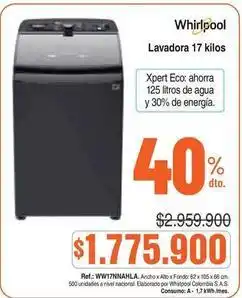 Alkosto Whirlpool - lavadora 17 kilos ww17nnahla oferta