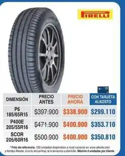 Alkosto Pirelli - p6 185/65r15, p400e 205/55r16, scor 205/60r16 oferta