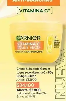 Nova Venta Garnier - crema hidratante toque seco vitamina c oferta