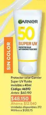 Nova Venta Garnier - protector solar super uv fluido invisible x 40ml código: 46592 oferta