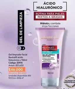 Nova Venta Combate - gel limpiador facial revitalift ácido hialurónico x 150ml código: 35976 oferta