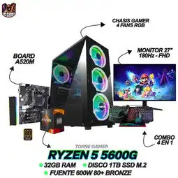 Falabella TORRE GAMER | RYZEN 5 5600G | RAM 32GB | SSD 1TB M.2 | MONITOR 27 180Hz | IDEAL PARA GAMING oferta