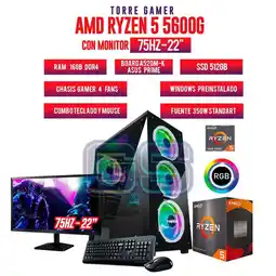 Falabella PC GAMER RYZEN 5 5600G RAM 16GB SSD 512GB BOARD A520 MONITOR 22 FHD + COMBO oferta
