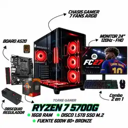 Falabella PC GAMER AMD RYZEN 7 5700G + 16GB RAM | SSD 1.5TB M.2 | MONITOR 24 120Hz | REGULADOR Y COMBO 2 EN 1 oferta