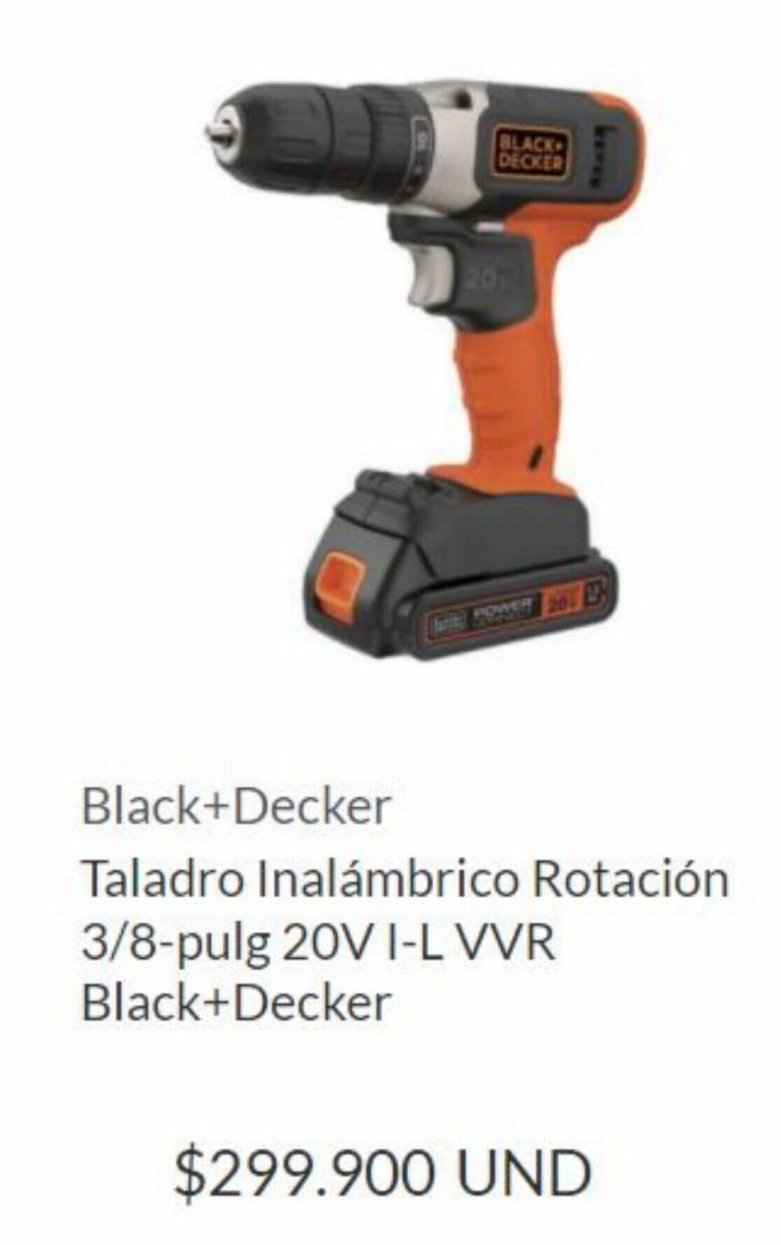 Oferta Black+Decker Taladro Inalambrico Rotacion 3/8-Pulg 20V I-L VVR  Black+Decker en Homecenter