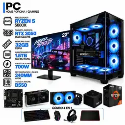 Falabella PC GAMER AMD RYZEN 5 5600X|RTX 3050 6GB|32GB RAM|SSD 1.5TB|LÍQUIDA 240ML | MONITOR 22 | BOARD B550 oferta
