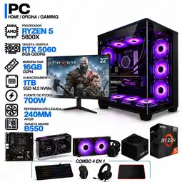 Falabella PC GAMER AMD RYZEN 5 5600X|RTX 5060 8GB|16GB RAM|SSD 1TB|LÍQUIDA 240ML| MONITOR 22 | B550 WIFI oferta