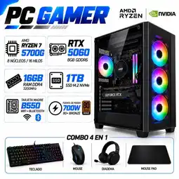 Falabella PC Gamer Ryzen 7 5700G | RTX 5060 8GB GDDR6 | 16GB RAM | 1TB SSD | B550 WIFI+BLUE | COMBO 4 EN 1 oferta