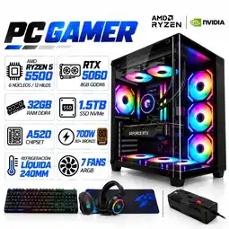 Falabella PC GAMER AMD RYZEN 5 5500|RTX 5060 8GB|32GB RAM|SSD 1.5TB|LÍQUIDA 240ML|COMBO 4 EN 1|REGULADOR oferta