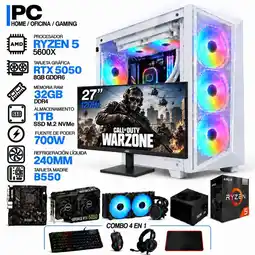 Falabella PC GAMER AMD RYZEN 5 5600X|RTX 5050 6GB|32GB RAM|SSD 1TB|LÍQUIDA 240ML| MONITOR 27 | COMBO 4 EN 1 oferta
