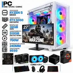 Falabella PC GAMER AMD RYZEN 5 5600X|RTX 5050 6GB|32GB RAM|SSD 512GB|LÍQUIDA 240ML| MONITOR 27 | COMBO 4 EN 1 oferta