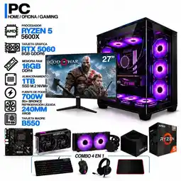 Falabella PC GAMER AMD RYZEN 5 5600X|RTX 5060 8GB|16GB RAM|SSD 1TB|LÍQUIDA 240ML| MONITOR 27 | B550 WIFI oferta