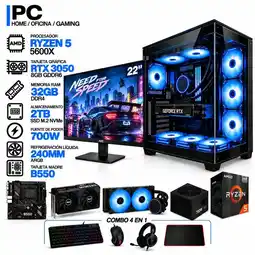 Falabella PC GAMER AMD RYZEN 5 5600X|RTX 3050 6GB|32GB RAM|SSD 2TB|LÍQUIDA 240ML | MONITOR 22 | BOARD B550 oferta