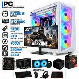 Falabella PC GAMER AMD RYZEN 5 5600X|RTX 5050 6GB|32GB RAM|SSD 2TB|LÍQUIDA 240ML| MONITOR 27 | COMBO 4 EN 1 oferta