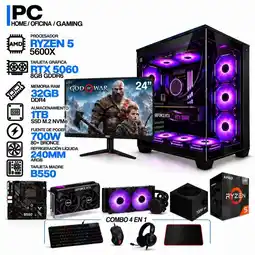 Falabella PC GAMER AMD RYZEN 5 5600X|RTX 5060 8GB|32GB RAM|SSD 1TB|LÍQUIDA 240ML| MONITOR 24 | B550 WIFI oferta