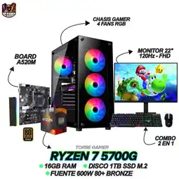 Falabella PC Gamer Ryzen 7 5700G 16GB RAM SSD 1TB + Monitor 22” 120Hz + Combo oferta