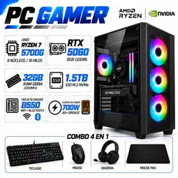 Falabella PC Gamer Ryzen 7 5700G | RTX 5060 8GB GDDR6 | 32GB RAM | 1.5TB SSD | B550 WIFI+BLUE | COMBO 4 EN 1 oferta