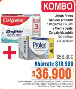 Alkosto Kombo jabón protex limpieza profunda + crema dental colgate maxwhite oferta