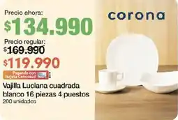 Jumbo corona Vajilla Luciana cuadrada blanco 16 piezas 4 puestos oferta