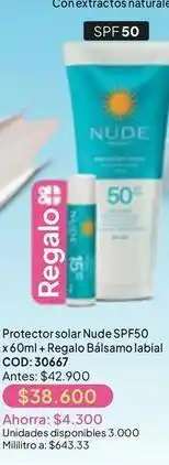 Nova Venta Nude - protector solar spf50 x 60ml + regalo bálsamo labial cod: 30667 oferta