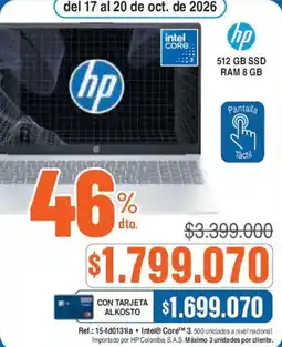 Alkosto Hp laptop intel core 3 oferta