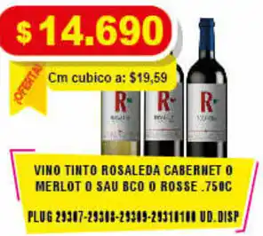 Mercar Vino Tinto Rosaleda Cabernet o Merlot o Sau BCO o Rose 750c oferta