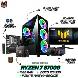 Falabella TORRE GAMER - RYZEN 7 8700G - 16GB RAM - 1TB SSD - B650 WIFI - MONITOR ASUS 24 146Hz + COMBO oferta