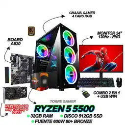 Falabella TORRE GAMER RYZEN 5 5500 / RTX 3050 6GB / 32GB RAM / SSD 512GB / FUENTE 600W 80+ / MONITOR 24 120HZ oferta