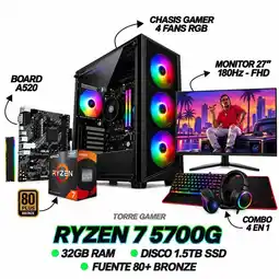 Falabella PC GAMER RYZEN 7 5700G - 32GB RAM - SSD 1.5TB - MONITOR 27” 180Hz + COMBO 4 EN 1 oferta