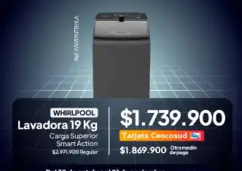 Whirlpool - lavadora 19 kg carga superior smart action