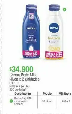 Jumbo Crema body milk nivea x 2 unidades x 400 ml oferta