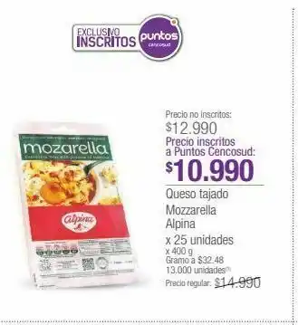 Jumbo Queso tajado mozzarella alpina x 25 unidades x 400 g oferta