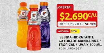Ara Bebida isotónica gatorade madarina/ tropical/ uva x 500 ml oferta