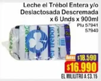 La Gran Colombia Leche el Trébol Entera o Deslactosada Descremada 6 x 900ml oferta