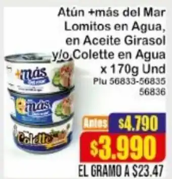 La Gran Colombia Atún +más del Mar Lomitos en agua, En Aceite Girasol o Colette en agua 170g oferta