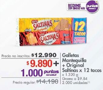 Metro Galletas mantequilla + original saltinas x 12 tacos oferta