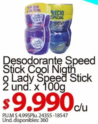 Caribe Supermercados Desodorante Speed Stick Cool Night o Lady Speed Stick 2 Und x 100g oferta