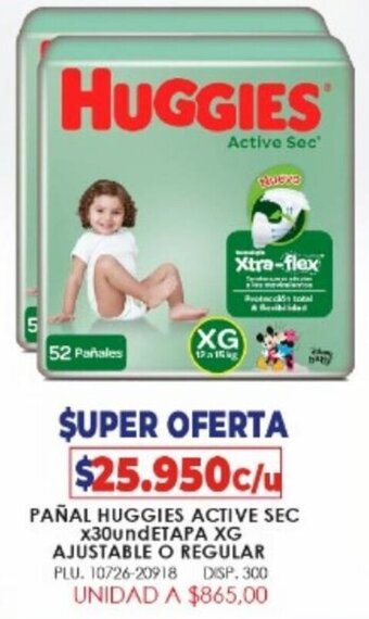 Surtifamiliar Pañal Huggies Active Sec x 30Und Etapa XG Ajustable O Regular oferta